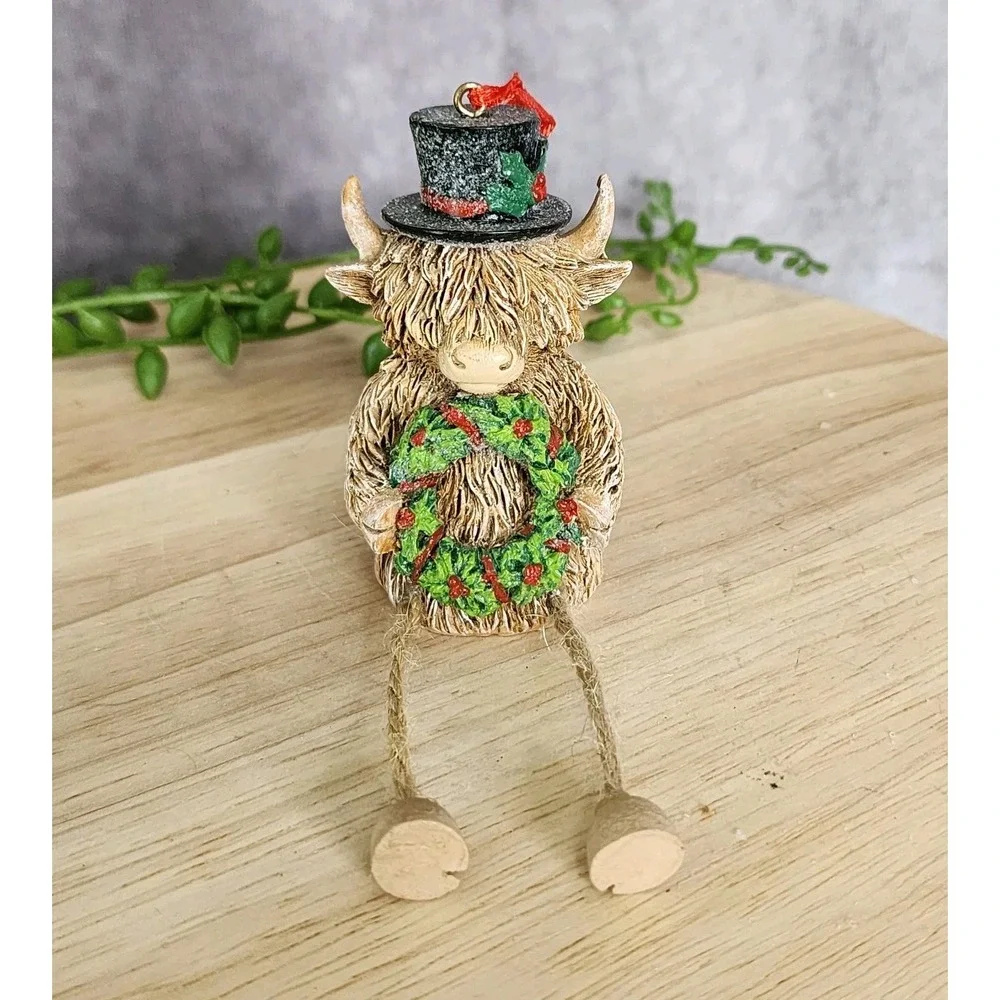 Hobby Lobby Highland Cow Shelf Sitter Ornament‎ Resin Wreath Dangly Legs NEW